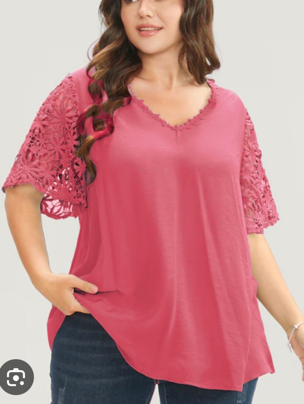 Bloomchic Women's Crochet Sleeve V-Neck Top - Deep Rose Pink